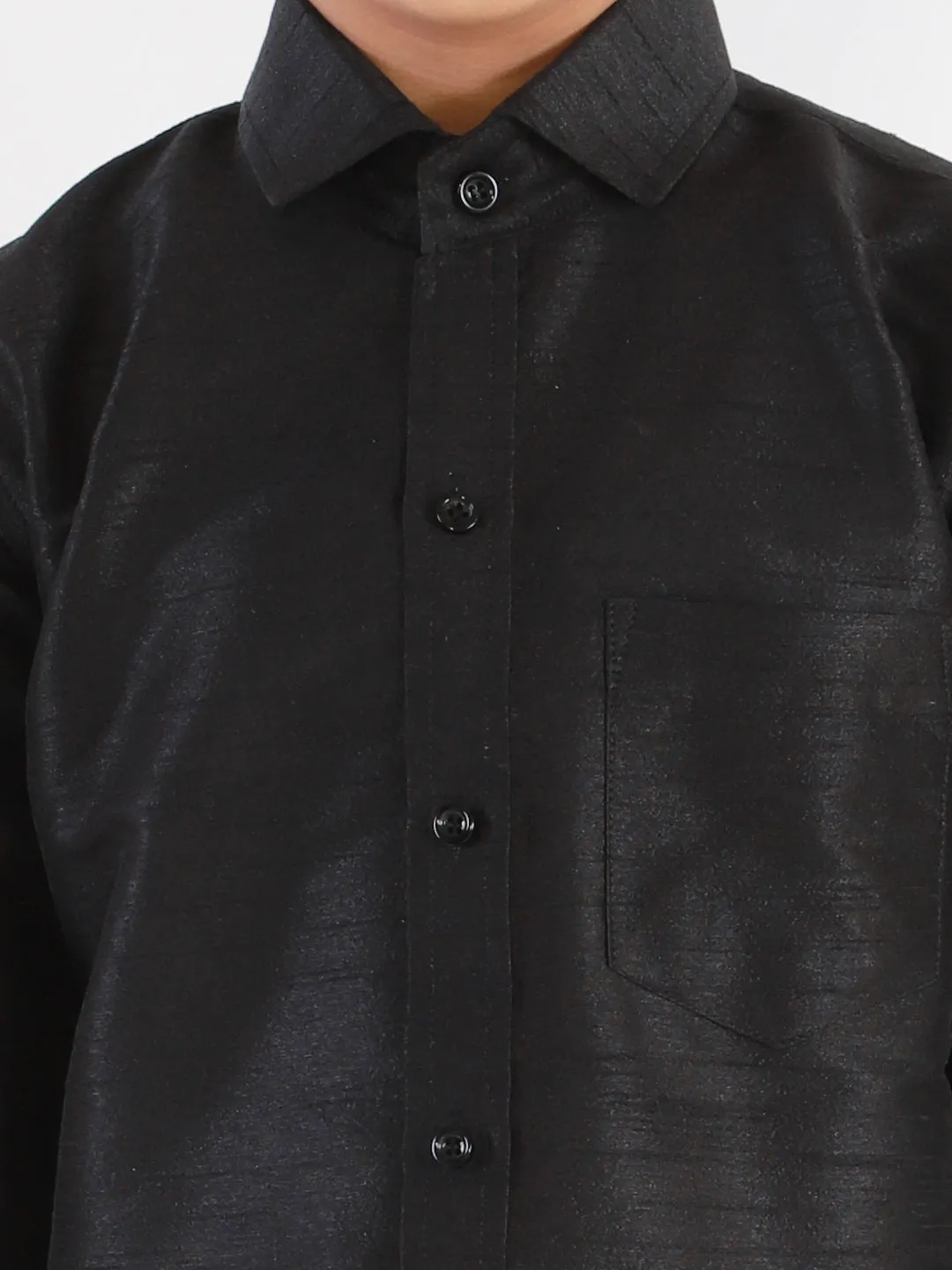 VASTRAMAY Men's & Boys Black Solid Silk Blend Full Sleeve Ethnic Shirt