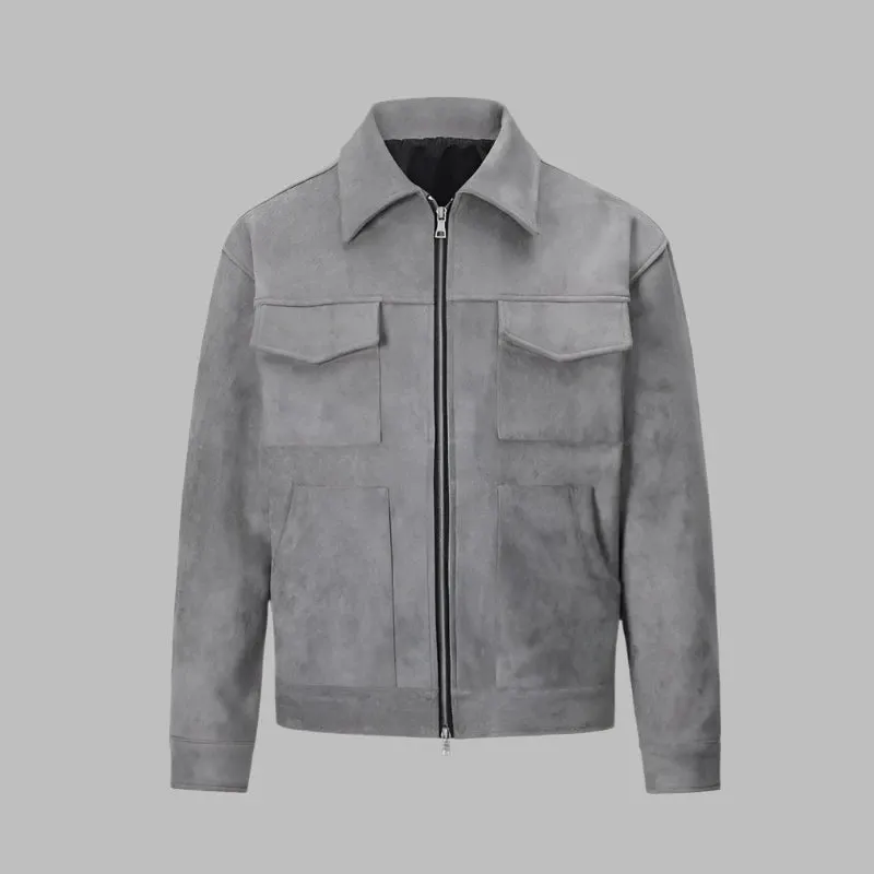 Vintage Suede Croc-Pattern Jacket with Zipper Lapel for Men