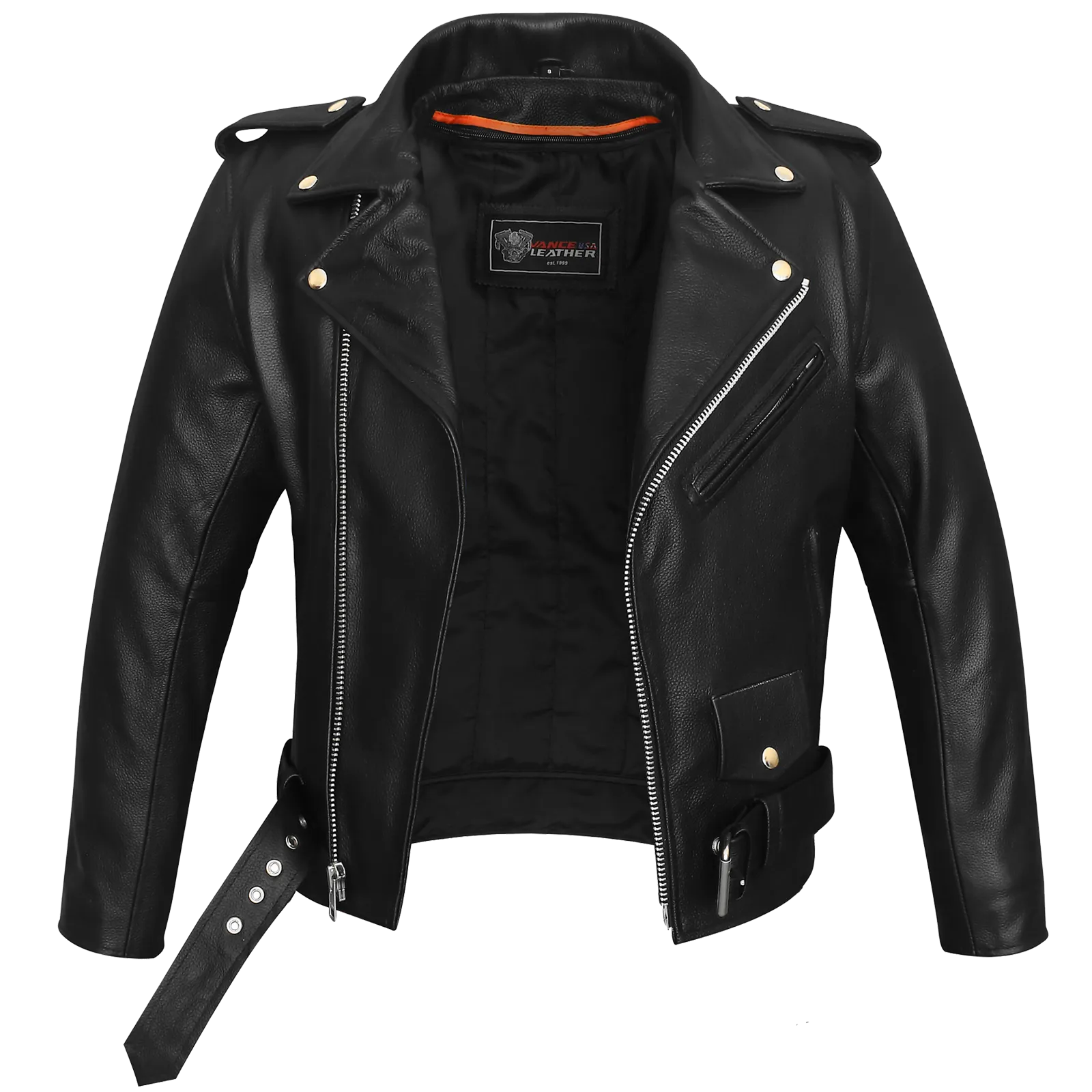 VL516 Men's Premium Leather Classic Motorcycle Jacket Plain Side w/ Belted Waist