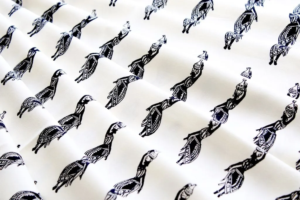 White & Black Traditional Printed Cotton Rayon Fabric