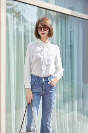 White Bow Tie Blouses Shirt