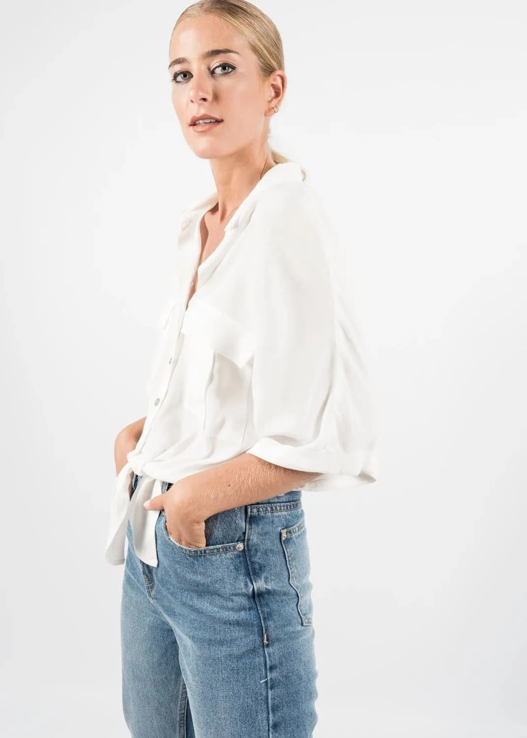 White Loose Fit Blouse Shirt with Knot Tie bottom by Linu