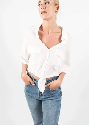 White Loose Fit Blouse Shirt with Knot Tie bottom by Linu