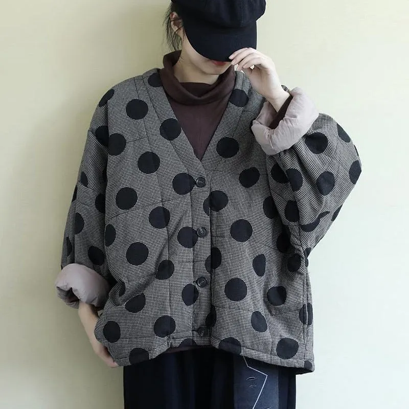 Women Polka Dot Parkas V-Neck Bat Sleeve Warm Coats Autumn/Spring New Button Loose Female Clothes Casual Parkas Coats