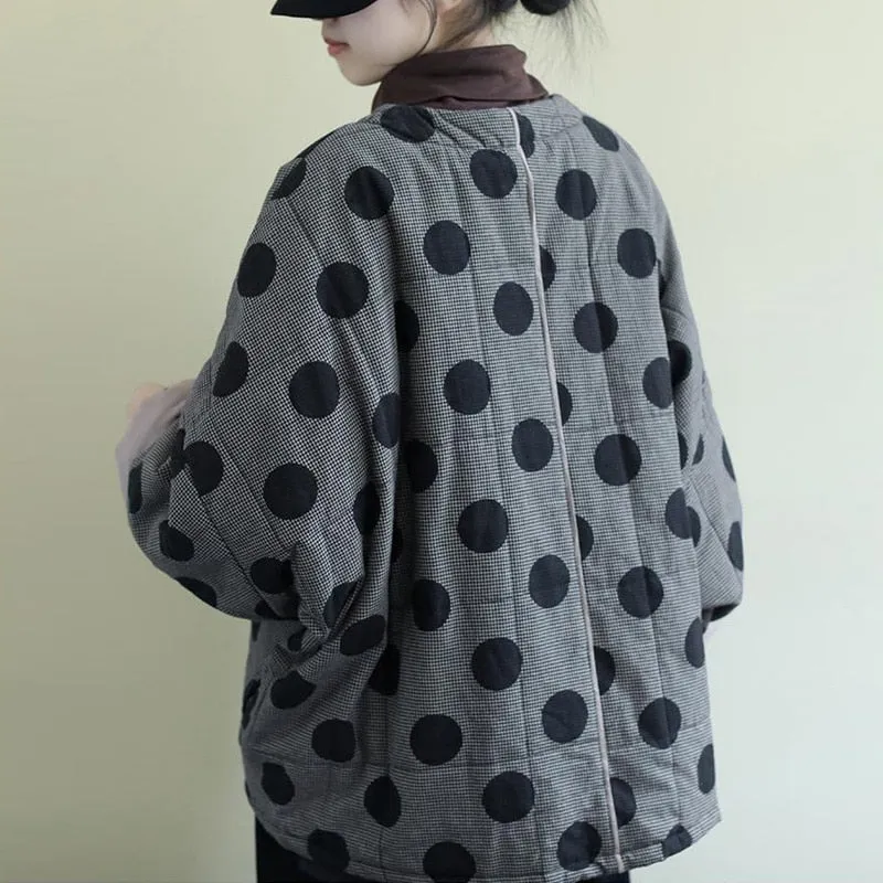 Women Polka Dot Parkas V-Neck Bat Sleeve Warm Coats Autumn/Spring New Button Loose Female Clothes Casual Parkas Coats