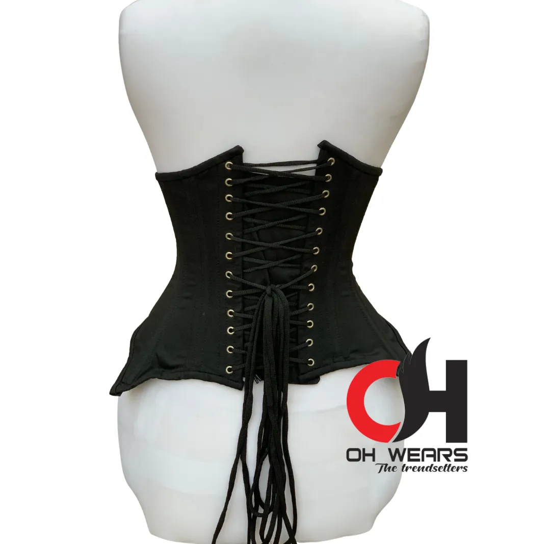 Women Underbust Black Cotton Steampunk Waist Trainer with Tight Lacing