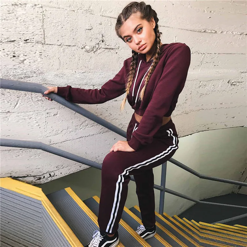 Women's Tracksuits 2 Piece Set Pink Crop Top And Pants Fashion Autumn Casual Lady Tumblr Long Sleeve Hoodies Pants Suit