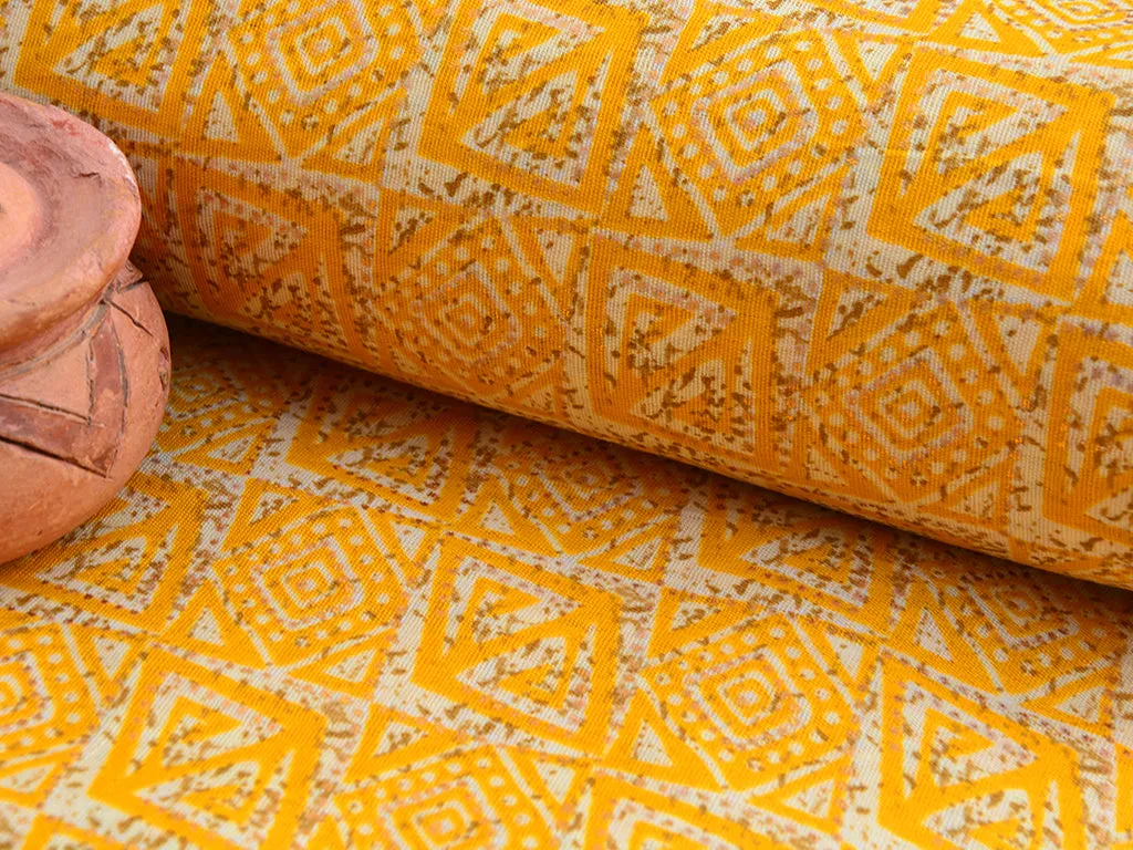 Yellow Abstract Foil Digital Printed Slub Cotton Fabric