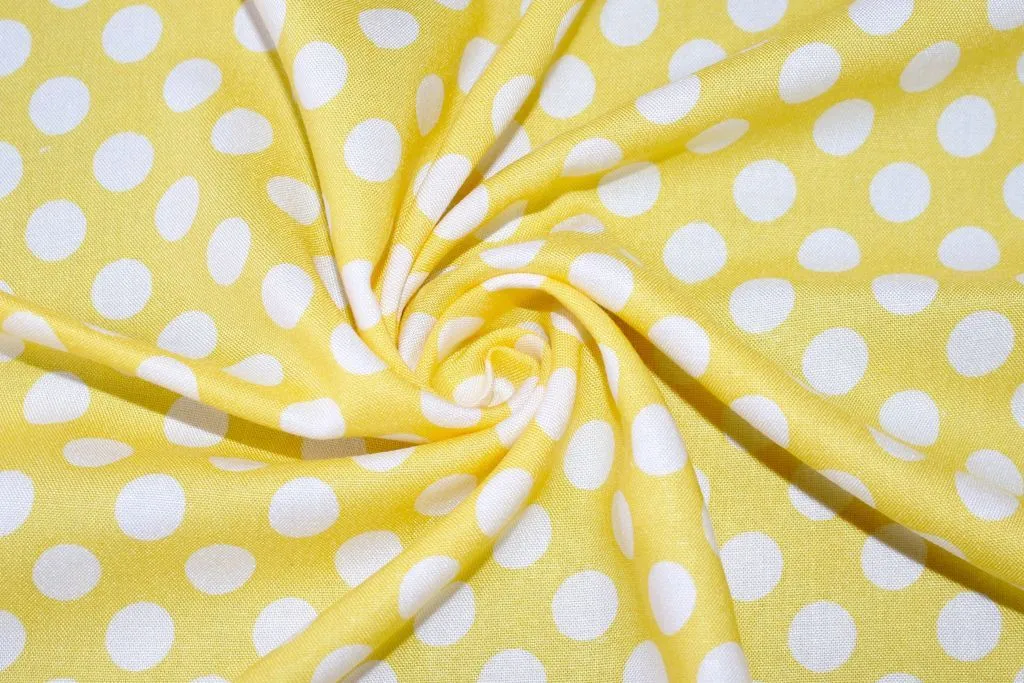 Yellow White Polka Dots Printed Cotton Rayon Fabric